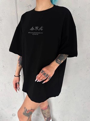 Zenviaa Kadın Baskılı Kısa Kol Oversize T-Shirt - Siyah ZENVIAAC12