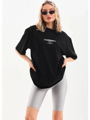Zenviaa Kadın Baskılı Oversize Kısa Kol  T-Shirt - Siyah ZENVIAAC12