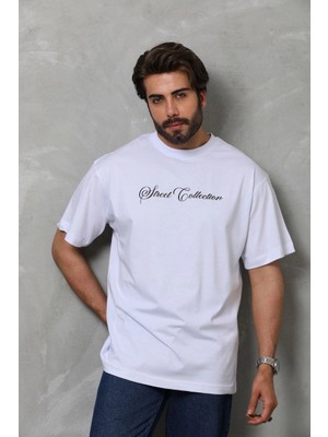 MidasTech Bisiklet Yaka Baskılı Oversize T-Shirt - Beyaz