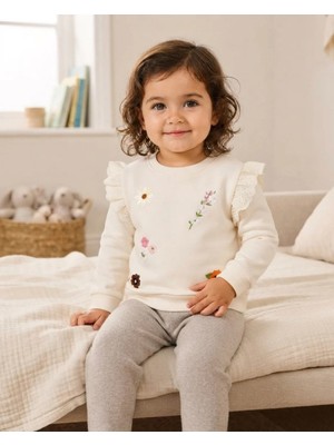 Tuffy Çiçek Detaylı Ekru Kız Bebek Sweatshirt Şık ve Rahat
