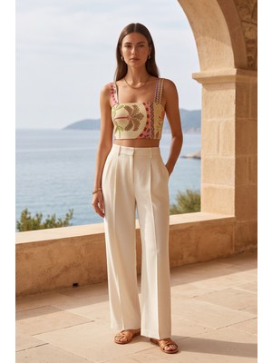 Lupinn Kadın Çok Renkli Desenli Crop Top Kare Yaka Askılı Yazlık Crop Bluz