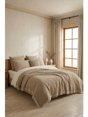 Dokuvia Natura Soft Ekru 4 Kat Müslin Çift Kişilik Yatak Örtüsü 220X230 cm %100 Pamuk Çok Amaçlı Koltuk Örtüsü ve Tv Battaniyesi