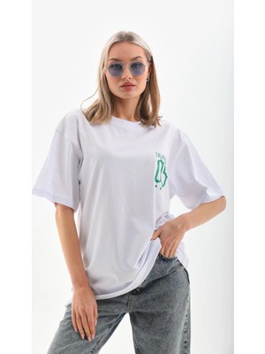 MidasTech Kadın Kısa Kol Oversize Baskılı T-Shirt - Beyaz