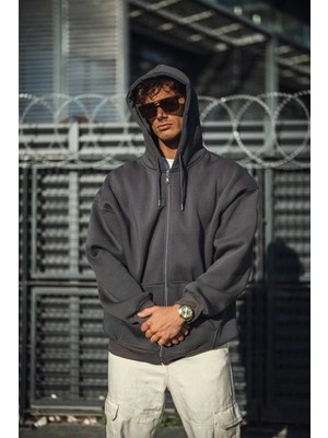 MidasTech Erkek Tam Fermuarlı Cepli Kapüşonlu 3 Iplik Pamuklu Hoodie Sweatshirt - Füme