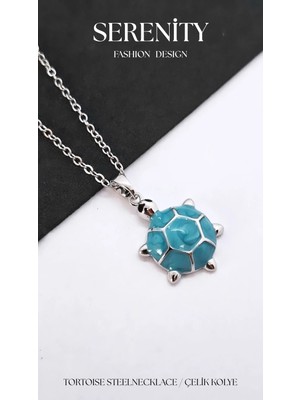 Mavi Kaplumbağa Figürlü Çelik Kolye
