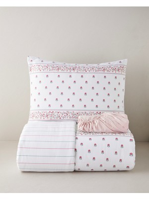 English Home Floral Lines Pamuk Tek Kişilik Çarşaflı Nevresim Takımı 160X220 cm Pembe - Yeşil