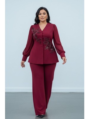 Kadın Büyük Beden Abiye Takım Taş Işlemeli Krep Ceket Pantolon Takım 36-48 46417