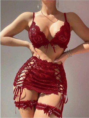 Selveta Bordo Kurdela Örgülü Dantelli Bacak Bantlı Kadın Etek Sütyen Fantezi Takım