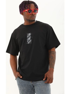 Beruflic Oversize Baskılı Bisiklet Yaka T-Shirt - Siyah