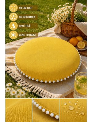 Rona Home Yuvarlak Minder 40 cm Ponponlu Su Geçirmez Leke Tutmaz Sıvı Itici Ev Bahçe Piknik Oturma Minderi