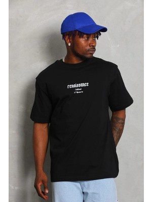 Beruflic Oversize Baskılı Bisiklet Yaka T-Shirt - Siyah