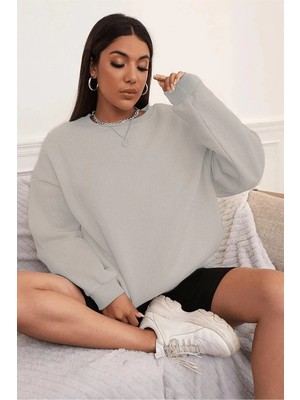 Beruflic Kadın Düz Bisiklet Yaka 3 Iplik Sweatshirt - Boyalı Gri