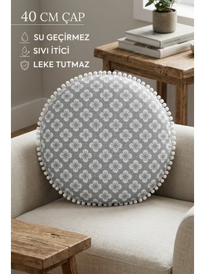 Rona Home Sandalye Minderi Yuvarlak Gri Çiçek Desenli Ponponlu Leke Tutmaz Bahçe Sandalye Pufu 40CM