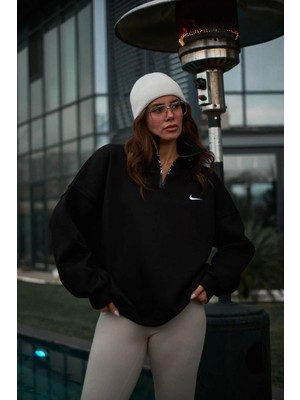 Beruflic Kadın Yarım Fermuarlı Üç Iplik Şardonlu Pamuklu Sweatshirt - Siyah