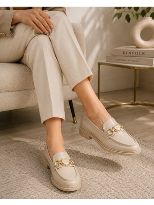 Zenora Shoes Kadın Loafer Makosen Casual Tokalı Günlük Bej Ayakkabı