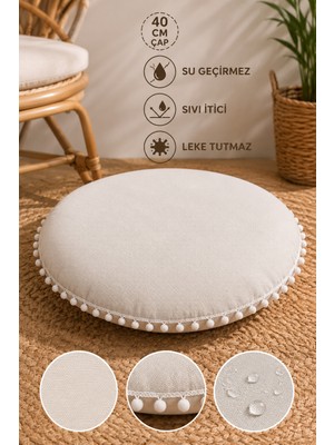 Rona Home Yuvarlak Minder 40 cm Ponponlu Dekoratif Oturma Minderi Su Geçirmez Sıvı Itici Leke Tutmaz