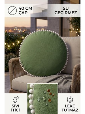 Rona Home Yuvarlak Minder 40 cm Çap Su Geçirmez Sıvı Itici Leke Tutmaz Beyaz Ponponlu Dekoratif Ev Minderi