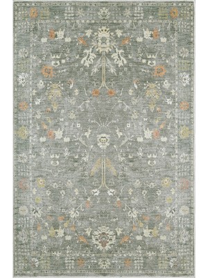 Saraz Halı Yeşil Kiremit Vintage Anadolu Desenli Eskitme Baskı Şönil Kilim Kaymaz Taban Salon Oturma Odası Yatak Odası Halısı SH32