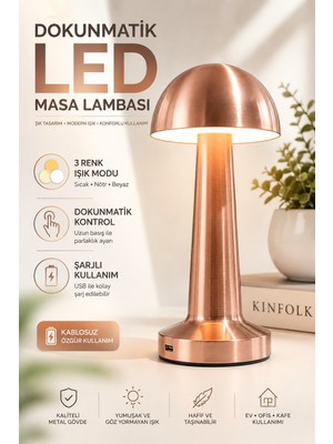 Matechno Şarjlı Dokunmatik LED Masa Lambası 3 Renk Işık Modlu Parlaklık Ayarlı Kablosuz Dekoratif Metal Masa Lambası