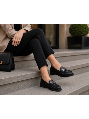Zenora Shoes Kadın Loafer Makosen Casual Tokalı Günlük Cilt Siyah Ayakkabı