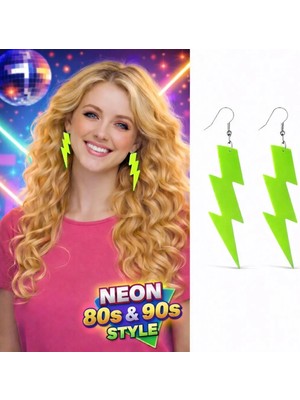 Asa Store 80’ler 90'lar Retro Neon Yeşil Şimşek Küpe 10 cm