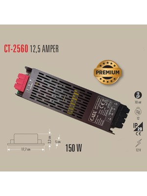 Cata CT-2560 12,5A 150W Klemensli Şerit LED Trafosu Güç Kaynağı 12V
