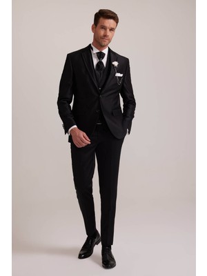 Erkek Siyah Pileli Slim Fit Kırlangıç Yaka Yelekli Damatlık