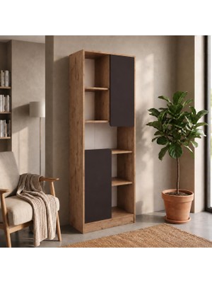 Bimossa W2160 Daffy Kitaplık Sepet-Antrasit - 183 cm Yüksek, 2 Kapaklı, Raflı ve 9 Bölmeli Çok Amaçlı Dolap