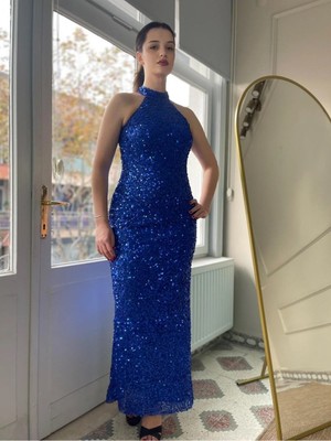 Seri Payetli Halter Yaka Astarlı Uzun Abiye Elbise