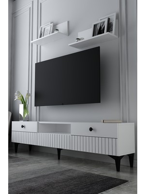 Dekortis Home Dekor 180DHDTRÜÇ7B Ilay Lazer Desen Kapak Raflı Tv Sehpası Ünitesi Beyaz