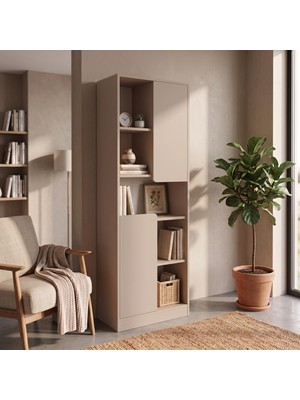 Bimossa W2130 Daffy Kitaplık Kumtaşı - 183 cm Yüksek, 2 Kapaklı, Raflı ve 9 Bölmeli Çok Amaçlı Dolap