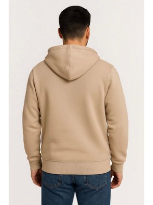 Modi Erkek Üç Iplik Kapüşonlu Tam Fermuarlı Kanguru Çepli Sweatshirt Hoodie - Bej