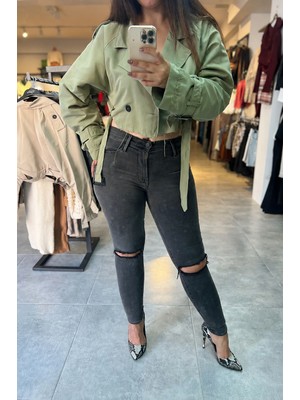 Modabella Yüksek Bel Yırtık Detaylı Antrasit Skinny Jean