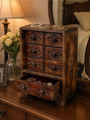 Meandme Ahşap El Oyması 7 Çekmeceli Takı Kutusu Otantik Mücevher Sandığı Mini Şifonyer Organizer