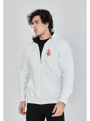 Modi Unisex Baskılı Tam Fermuarlı Kapşonlu Sweatshirt - Beyaz