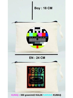St. Morritz 1990'LAR Kaset Baskılı Ekru Kanvas Clutch Makyaj Çantası, Şık ve Kullanışlı Tasarım
