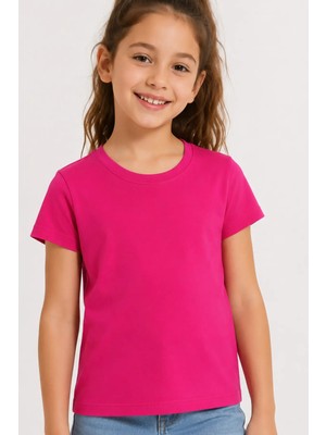 Kiagu Fuşya Kısa Kol Basic T-Shirt- Terletmeyen Esnek Kumaş Pamuklu Mevsimlik Fujya Kısakol Kız Çocuk Tsort