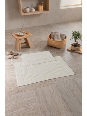 Cotton Box Aura Jakarlı Kaymaz Taban Pamuklu Paspas Seti Frame Krem 60X90+40X60