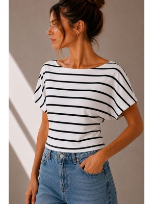 Benedetto Yeni Sezon Pamuk Çizgili Slim Fit Yarasa Kol Casual Kadın Tişört.