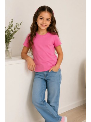 Kiagu Pembe Kısa Kol Basic T-Shirt- Terletmeyen Esnek Kumaş Pamuklu Mevsimlik Pembe Kısakol Kız Çocuk Tsort