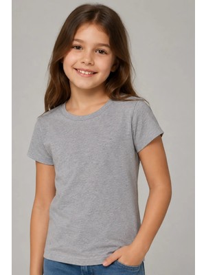 Kiagu Kısa Kol T-Shirt Gri Basic Terletmeyen Esnek Kumaş Pamuklu Mevsimlik Gri Kısakol Kız Çocuk Tsort