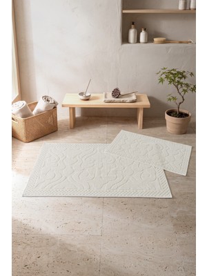 Cotton Box Aura Jakarlı Kaymaz Taban Pamuklu Paspas Seti Vine Krem 60X90+40X60