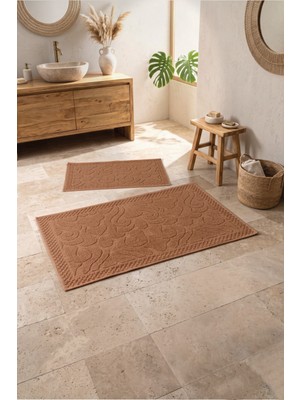 Cotton Box Aura Jakarlı Kaymaz Taban Pamuklu Paspas Seti Vine Coral 60X90+40X60