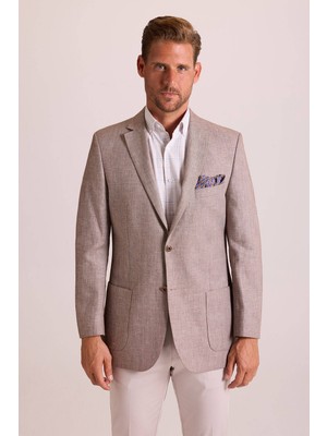 Ysf Erkek Açık Kahverengi Slim Fit Desenli Spor Keten Ceket