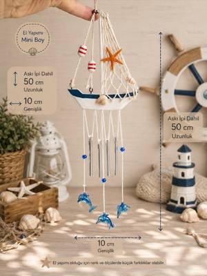 WoodBay Mini Yelkenli Rüzgar Çanı Yunus Figürlü Deniz Temalı Dekoratif Askılı Süs 50 cm