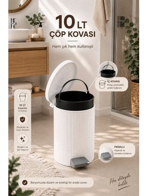Porsima 0706-1 Still Beyaz 10 Litre Pedallı Iç Kovalı Yuvarlak Banyo & Mutfak Çöp Kovası