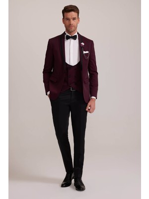 Erkek Bordo Çıkma Şal Yaka Slim Fit Damatlık