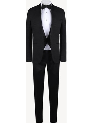Erkek Siyah Slim Fit Hakim Yaka Yelekli Desenli Damatlık