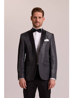 Erkek Siyah Slim Fit Kırlangıç Yaka Desenli Damatlık
