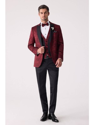 Erkek Bordo Kırlangıç Yaka Yelekli Slim Fit Desenli Damatlık